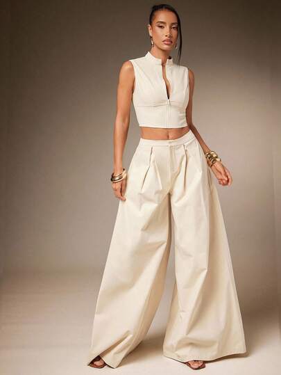 Hauture Conjunto Casual Sexy Feminino de 2 Peças com Top Sem Mangas com Zíper e Calça Pantalona Extremamente Larga