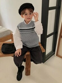 Hapijoa Young Boys Casual Patterned Jacquard Knit Sweater, Japanese Style, Autumn Vest - Grey - View 8