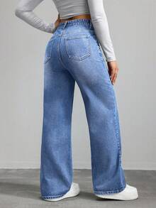 Jeanoix 女士口袋宽松阔腿休闲百搭牛仔裤 - 淺色水洗藍 - 查看 2