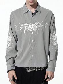 ROMWE MEN Goth 男士格子长袖单排扣休闲宽松衬衫，emo - 黑色 - 查看 7