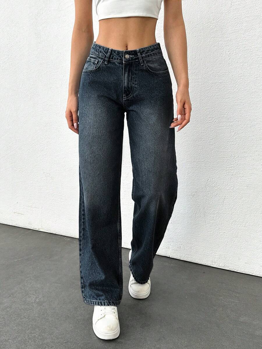 EURMUSE LOW RISE WIDE LEG CUT VINTAGE WASH Y2K STYLE JEAN Y2k Jeans Oversized Jeans Loose Jeans Wide Leg Jeans Baggy Jeans - Dark Wash - View 1