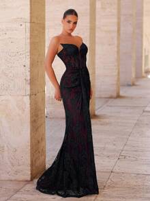 Glamrae Váy đuôi cá xếp nếp hở lưng gợi cảm, sang trọng, ren co giãn, thanh lịch, thích hợp cho đám cưới, tiệc tùng, kỳ nghỉ, dạ tiệc, những dịp trang trọng (Độ bền cao) - Màu Đỏ Sâu - Xem 5