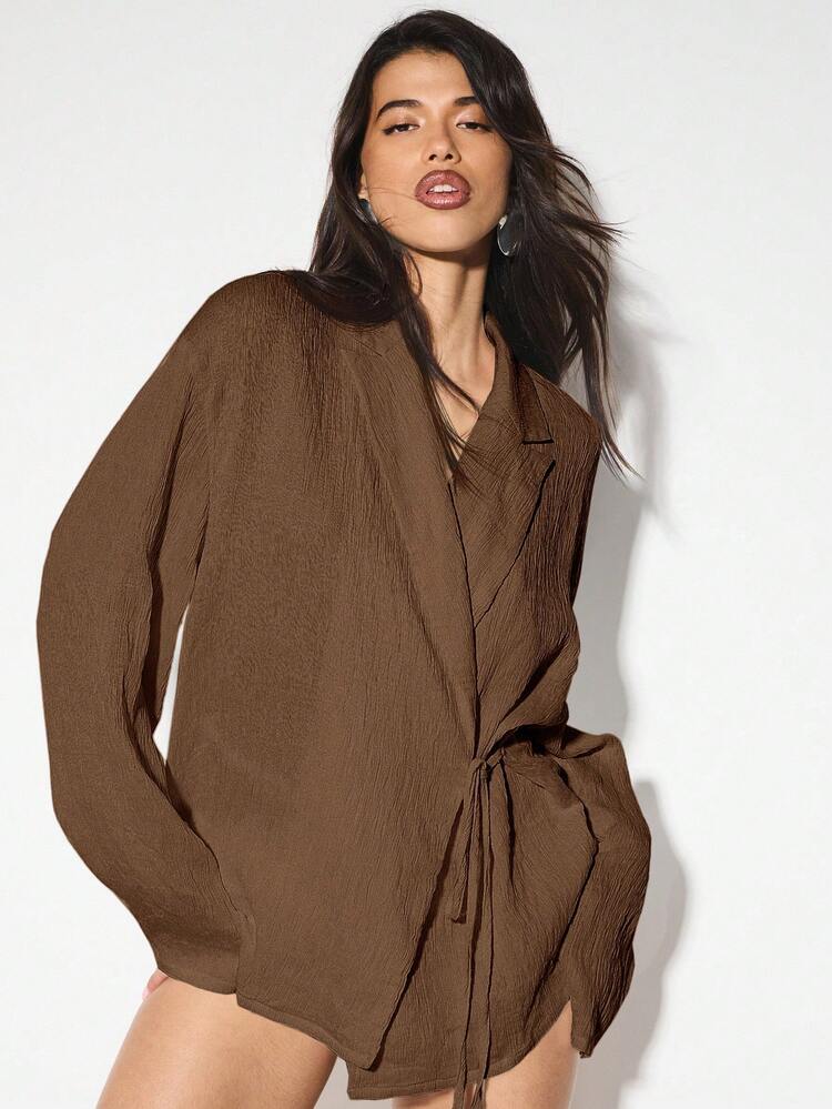 KIZN Crinkle Textured Wrap Blouse With Side Tie