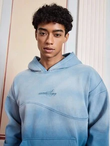 SWAVVY Men's Loose Fit Thermal Lined Long Sleeve Gradient Embroidered Hoodie Sweatshirt, Vintage Y2K Baggy Streetwear, For Fall Winter, Holiday - Blue - View 3