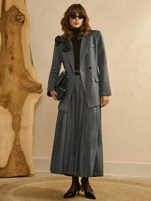 女式优雅3D花卉翻领西装外套，秋季 - 深灰色 - 查看 7