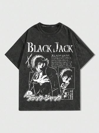 Black Jack X ROMWE Herren Lässig T-Shirt mit Cartoon-Motiv und Slogan-Grafik, verwaschen, weite Passform, Sommer
