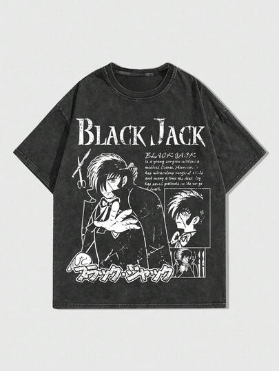 Black Jack X ROMWE T-shirt ample délavé avec graphique de personnage de dessin animé et graphique de slogan, décontracté, été