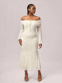 SHEIN Tall CURVE Damen Große Größen Off-Shoulder Langarm Bodycon Kleid mit Vorderbindung, Silvester Kleid für Frauen - Beige - Übersicht 3