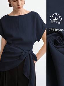 Aalyst Áo cánh nữ cổ thuyền tay bèo nhún, thắt lưng có dây rút, thích hợp cho kỳ nghỉ và công sở mùa xuân/hè - Màu xanh hải quân - Xem 1
