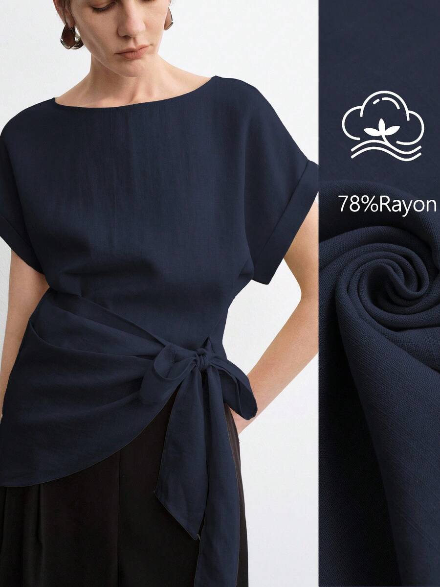 Aalyst Áo cánh nữ cổ thuyền tay bèo nhún, thắt lưng có dây rút, thích hợp cho kỳ nghỉ và công sở mùa xuân/hè - Màu xanh hải quân - Xem 1