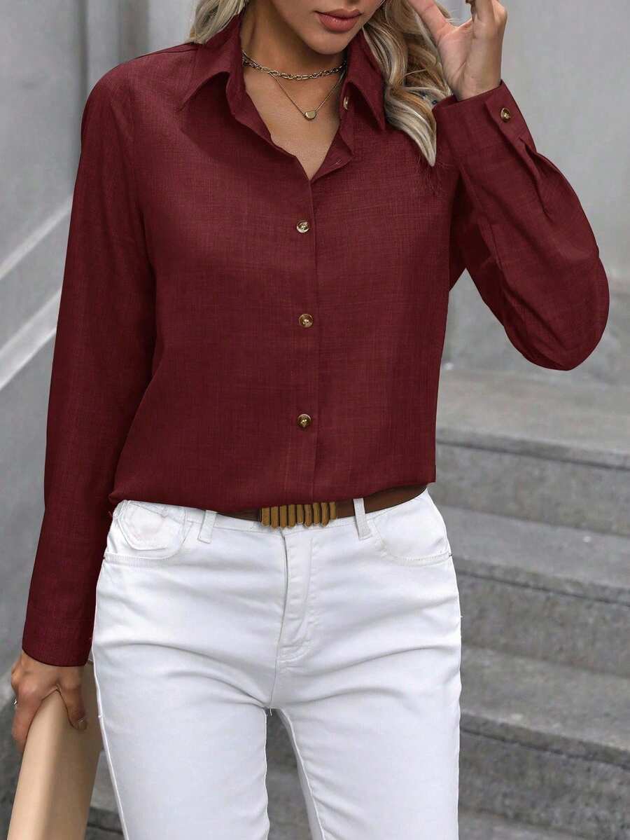 EMERY ROSE Women's Casual Solid Color Front Button Long Sleeve Shirt, Autumn - Burgundy - View 1
