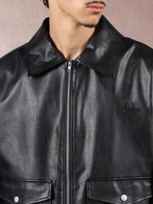 SUMWON 短款奢华双色皮革飞行员哈灵顿夹克，带前袋，高档休闲外套，街头风格，秋冬时尚 - 黑色 - 查看 4