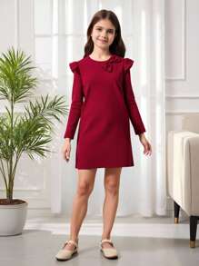 Tween Girl Ruffle Trim Bow Front Dress Without Bag, For Christmas - Burgundy - View 1
