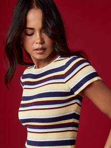 MISSGUIDED Knitted Stripe Baby Tee Ribbed Crop Top Multi Color Short Sleeve Fitted Summer Y2K Retro Fashion 90s Style Casual Sweater Top - Multicolor - View 4