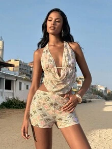 Opulessa 女士亮片垂褶领露背性感时尚吊带上衣，适合节日、海滩、时尚场合，闪亮登场，休闲女装风格，音乐会、派对、夜店、秋季时尚、外出、优雅性感派对约会之夜等场合。 - 彩色 - 查看 2