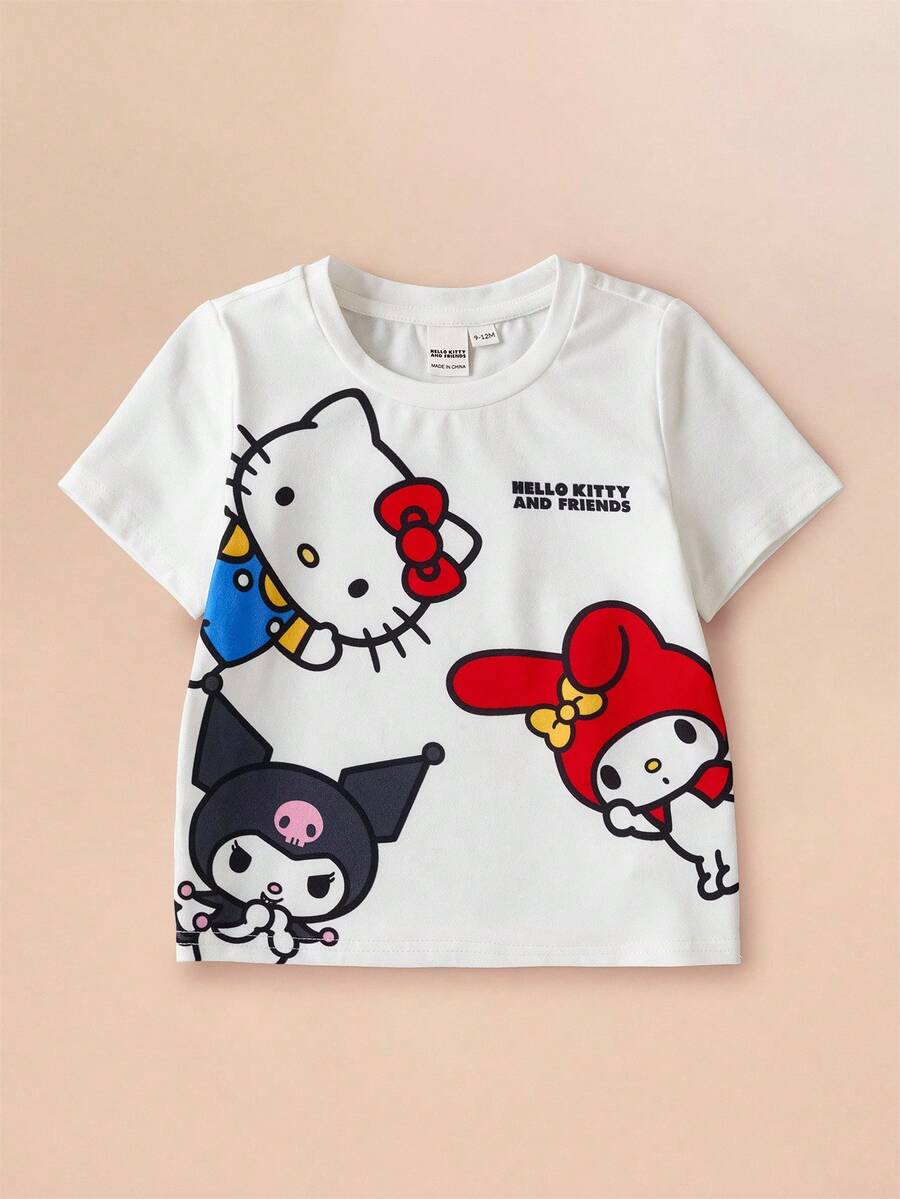 HELLO KITTY AND FRIENDS | SHEIN Baby Girl Cute Cartoon Pattern Round Neck Short Sleeve White T-Shirt - White - View 1