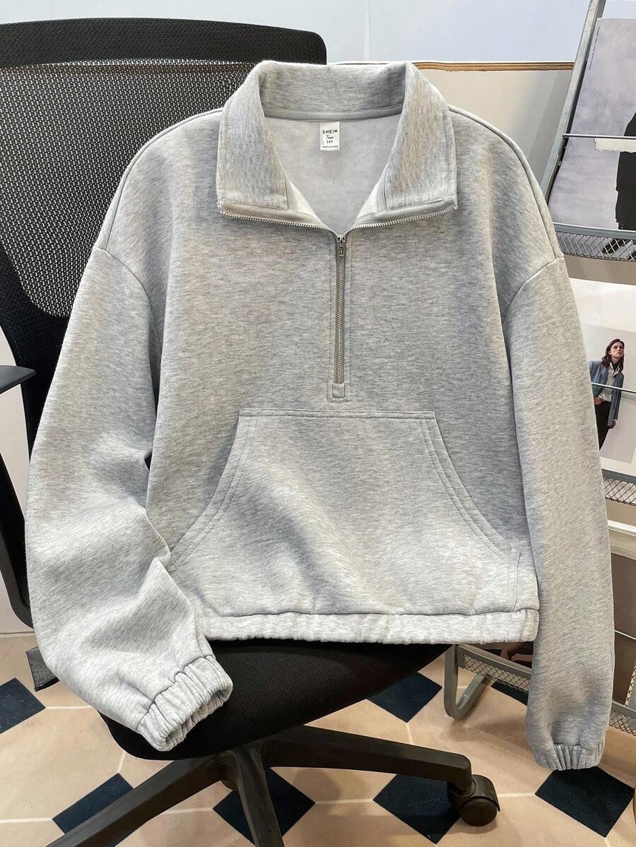 SHEIN 少女灰色落肩拉链半开襟短款卫衣,秋冬季款 - 淺灰色 - 查看 1