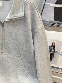 SHEIN 少女灰色落肩拉链半开襟短款卫衣，秋冬季款 - 淺灰色 - 查看 6