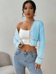 Chiquease Women's Elegant Casual Contrast Trim Front Button Cardigan - Baby Blue - View 3