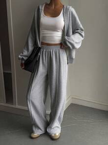 Livesso 女式连帽长袖上衣和宽松长裤运动套装，秋季 - 灰色 - 查看 4