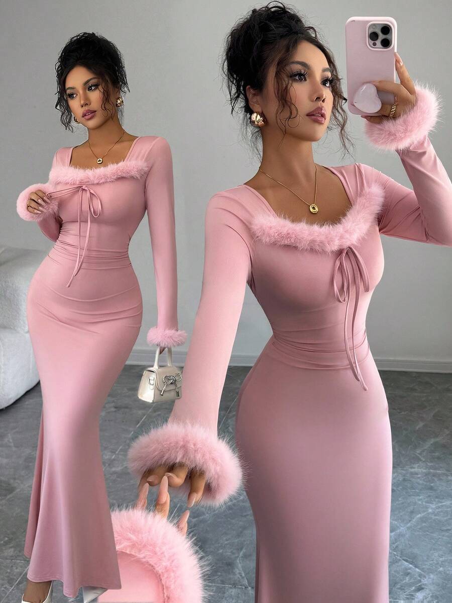 Elenzga Đầm đuôi cá ôm sát cổ lông tay dài màu trơn thanh lịch dành cho nữ mùa thu, đa năng khi đi làm - Hồng - Xem 1
