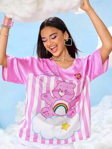 SHEIN X Care Bears Damtopp med tecknad björntryck och v-ringning, kortärmad - Rosa - Visa 5