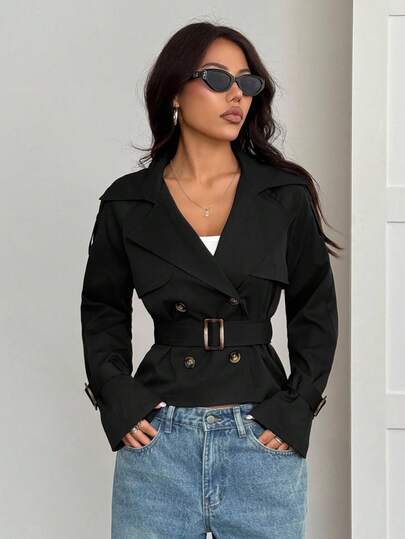 SHEIN PETITE Beige Button-Down Drawstring Trench Coat Women's Black_crop_jacket Women_black_blazer Black_jacket_women Black_belted_jacket Short_black_jacket In Fall/Winter