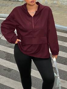 SHEIN EZwear Plus Size Casual Solid Color Half-Zip Hooded Jacket, Autumn - Burgundy - View 4