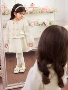 SHEIN 女婴可爱杏色长袖连衣裙和外套套装，适合秋冬季外出和派对等场合。 - 白色 - 查看 7