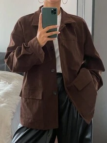 Livesso 女士纯色宽松休闲灯芯绒常规款外套，秋季女式大衣 - 咖啡棕 - 查看 1