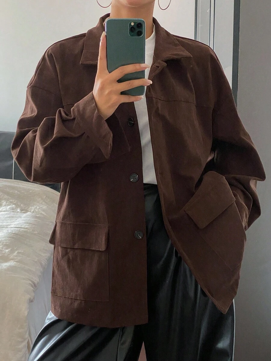 Livesso 女士纯色宽松休闲灯芯绒常规款外套，秋季女式大衣 - 咖啡棕 - 查看 1