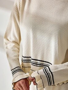 CLARA VERO 女士休闲条纹落肩长袖毛衣和针织裤套装，秋季 - 白色 - 查看 4