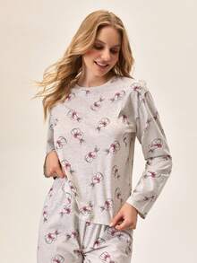 Loomlin Cottonline Women 2 Pcs Cute Rabbit Animal Pattern Homewear Cute Pajama Set Womens Pajama Sets With Bunnies Cotton Pajama Set Women Long Sleeve Pajama Set Women Comfy Pajama Sets For Women - Multicolor - View 6