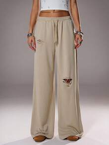 TRNVIE 1 pieza Pantalón deportivo casual con efecto desgastado color caqui para mujer, de talle bajo, adecuado para la temporada de vuelta al colegio, otoño