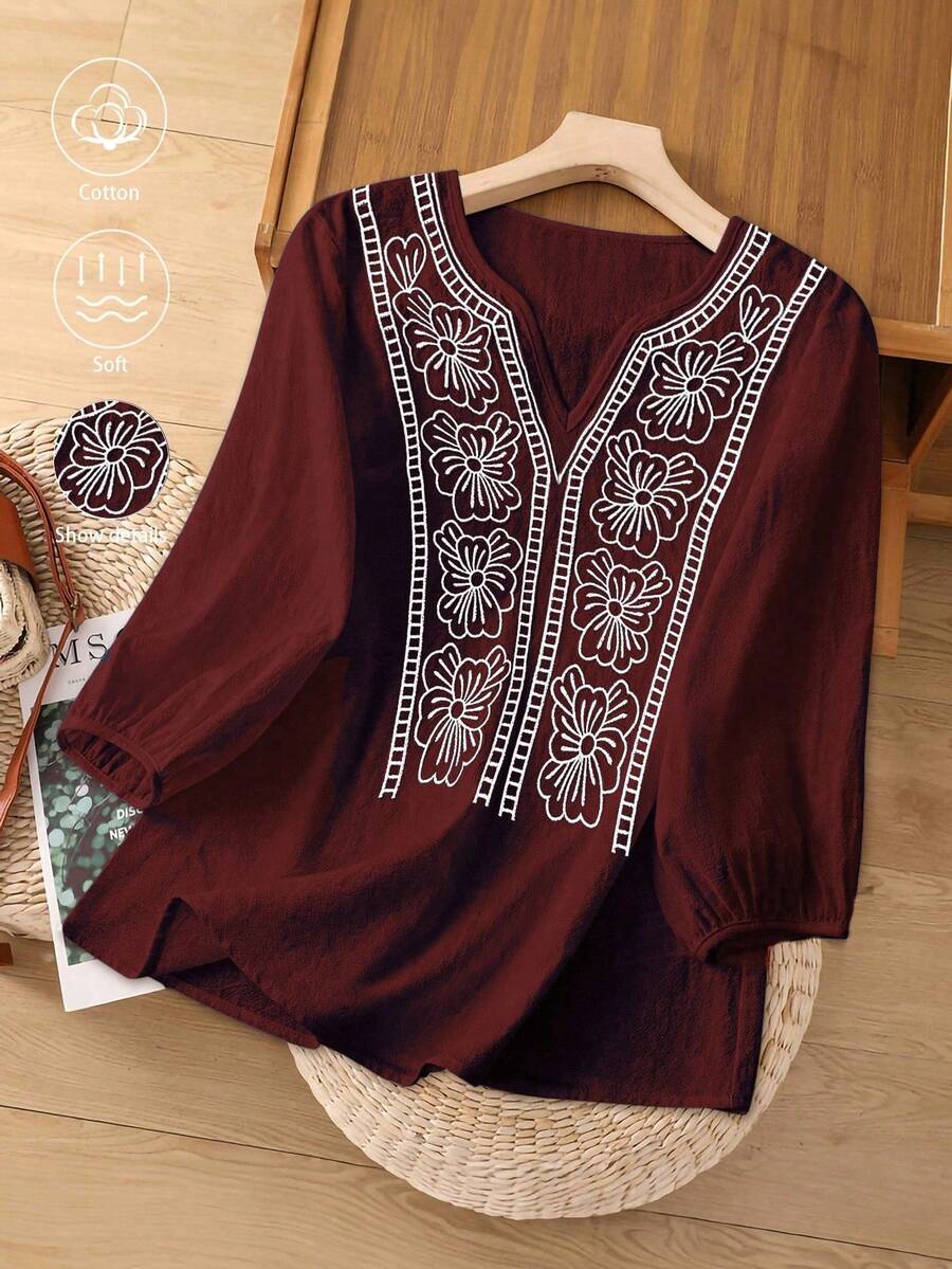 SHEIN LUNE CURVE 女式 V 领刺绣七分袖亚麻衬衫，宽松夏季上衣 - 酒紅色 - 查看 1