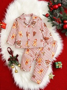 2 件男婴圣诞姜饼屋和树印花条纹休闲领开衫和裤子睡衣套装，秋冬女婴圣诞装 - 紅色 - 查看 6