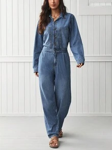 EMERY ROSE 女士休闲通勤洗水牛仔连体裤 - 藍色 - 查看 8