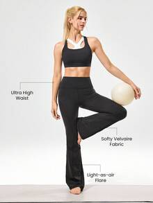 GLOWMODE 31英寸Softy Velvaire超高腰弧形接缝喇叭紧身裤，低冲击瑜伽普拉提工作室日常休闲装 - 黑色 - 查看 3