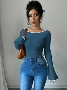 Elenzga Áo len tay loe ôm sát thường ngày cho nữ, mùa thu - Màu xanh hải quân - Xem 3