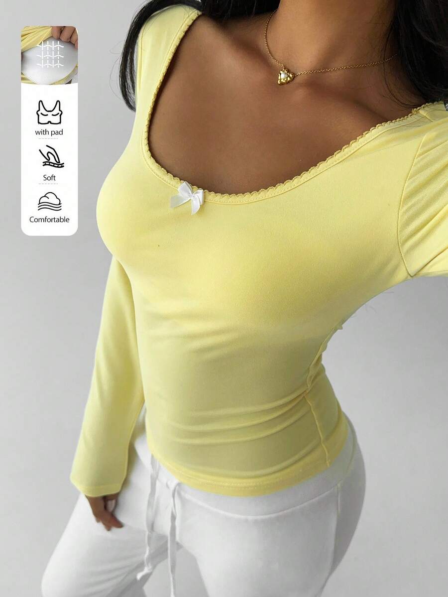 FavEase Top galben cu decolteu în U, croială strâmtă, mânecă lungă, cu pernițe la piept, brodat cu scoici și funde, ținută elegantă, casual, de zi cu zi, potrivită pentru primăvară/toamnă - Galben - Vizualizare 1