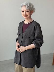 FRIFUL 女士时尚宽松落肩休闲外套 女士开衫 薄款开衫 老年女性服装 日本风服装 亚麻服装 女士外套 - 灰色 - 查看 6