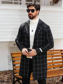 Manfinity Homme Men's Casual/Business Minimalist Long Sleeve Plaid Overcoat Fashion , Fall/Winter - Black - View 4