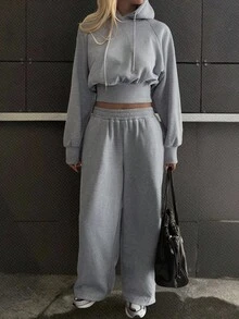 Livesso Women's Casual Hooded Top And Wide-Leg Pants 2 Pieces Set, Autumn Tracksuits Women Set - Grey - View 1