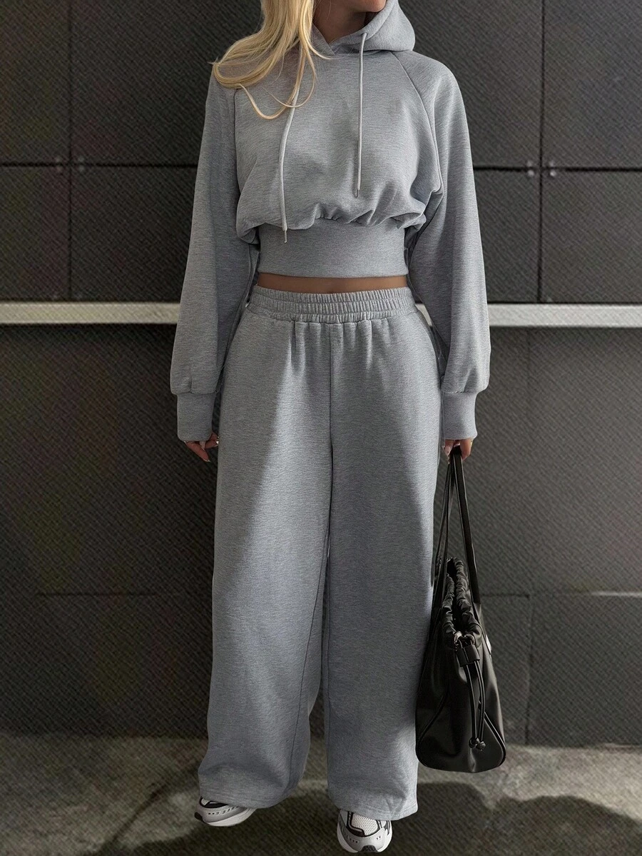 Livesso Women's Casual Hooded Top And Wide-Leg Pants 2 Pieces Set, Autumn Tracksuits Women Set - Grey - View 1