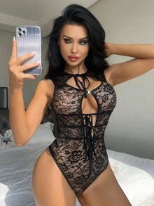 SHEIN Body sexy ajouré avec laçage devant pour femmes - Noir - Voir 2