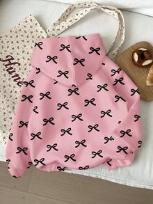 可爱蝴蝶结印花，年轻女孩休闲宽松圆领舒适日常针织长袖运动衫 - 彩色 - 查看 2