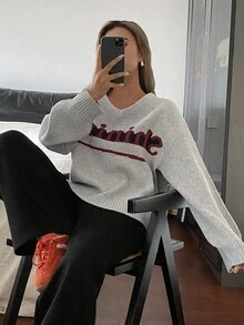 DAZY 撞色字母提花宽松休闲街头风圆领长袖针织毛衣女秋冬 - 灰色 - 查看 6