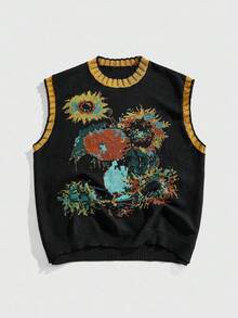 ROMWE MEN Street Life Men's V-Neck Sunflower Floral Pattern Knitted Sweater, Retro, Fall Winter - Black - View 1