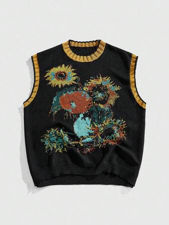 Street Life Men's V-Neck Sunflower Floral Pattern Knitted Sweater, Retro, Fall Winter