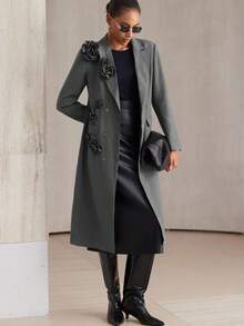 Aveloria Modichic Fashionable Versatile Commuter High-End Elaborate 3D Floral Design Long Lapel Blazer For Women, Regular Fit Holiday Party Clothes  - Dark Grey - View 4